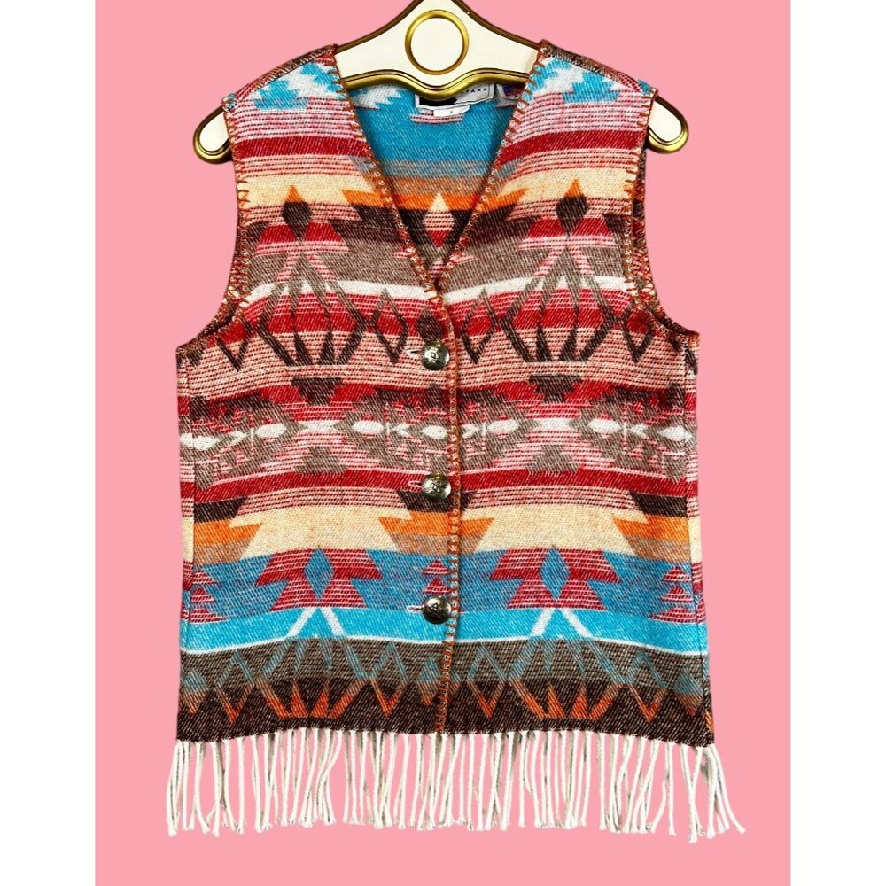 Womens Fall Soft Wool Blend Blanket Vest Fringe Western Aztec Pattern Outerwear